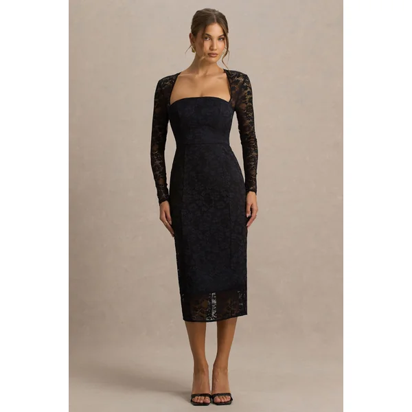 Alissa | Robe mi-longue en dentelle noire à col carré
