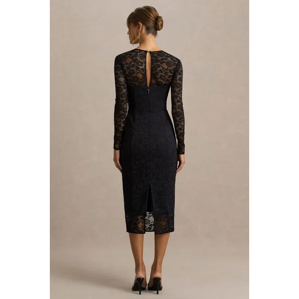 Alissa | Robe mi-longue en dentelle noire à col carré