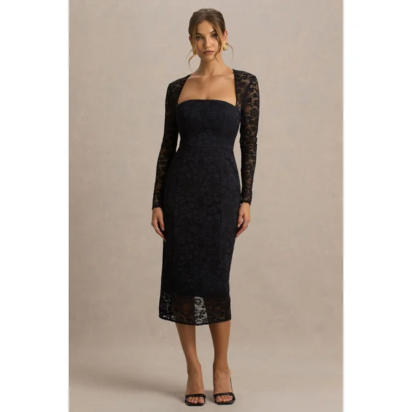 Alissa | Robe mi-longue en dentelle noire à col carré
