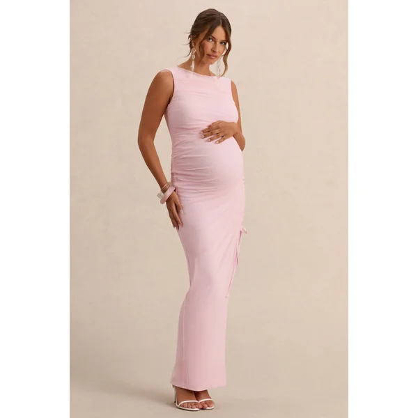Alitha | Robe de maternité longue rose clair à encolure ronde avec détails froncés et fente à l’avant