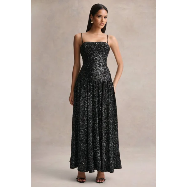 Allora | Robe longue en sequins noirs à col carré avec jupe plissée