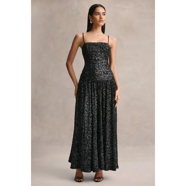 Allora | Robe longue en sequins noirs à col carré avec jupe plissée