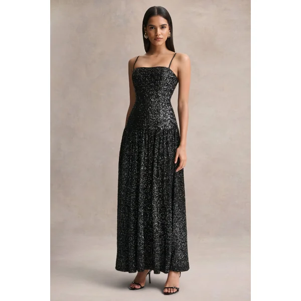 Allora | Robe longue en sequins noirs à col carré avec jupe plissée