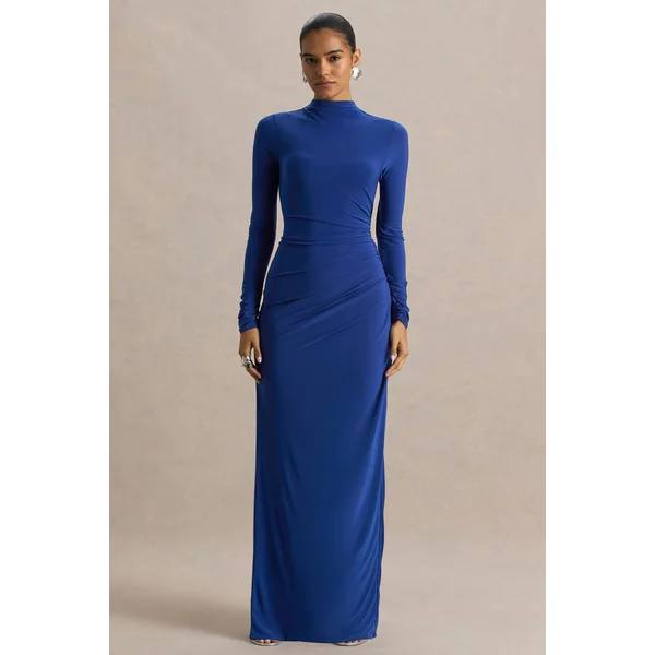 Alluring | Robe longue bleue à col montant avec détails froncés