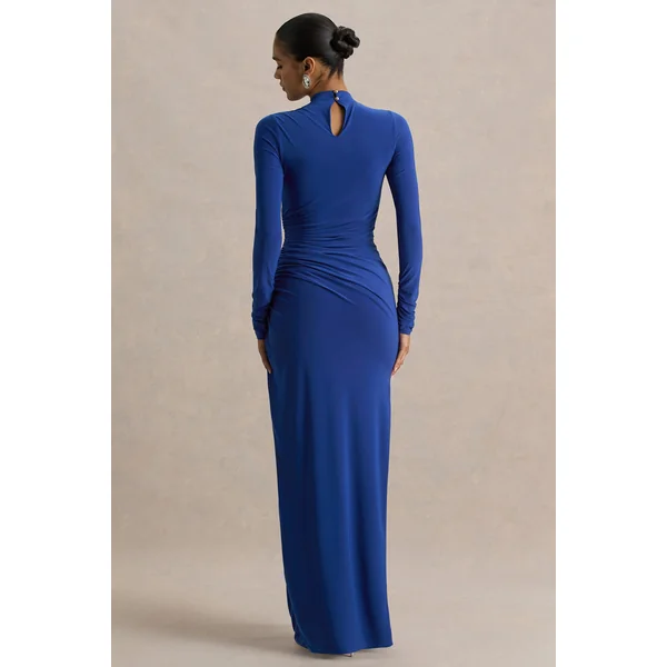 Alluring | Robe longue bleue à col montant avec détails froncés