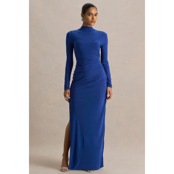 Alluring | Robe longue bleue à col montant avec détails froncés