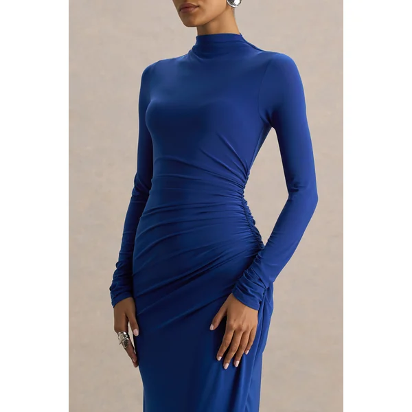 Alluring | Robe longue bleue à col montant avec détails froncés