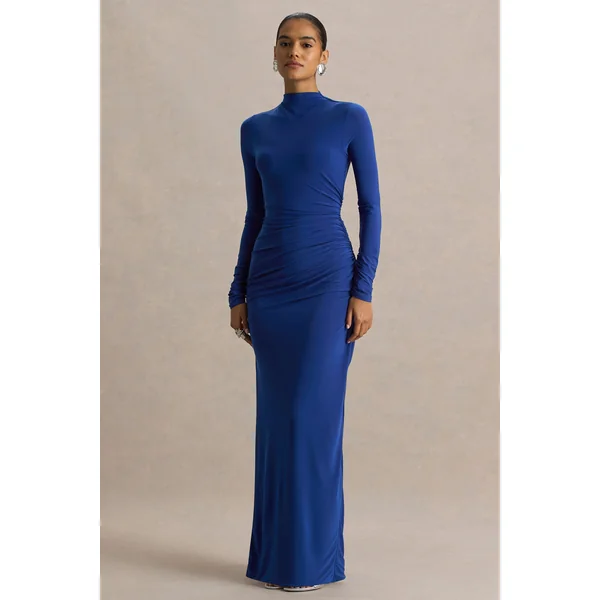 Alluring | Robe longue bleue à col montant avec détails froncés
