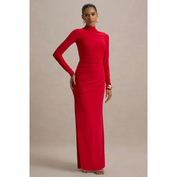 Alluring | Robe longue rouge à col montant avec détails froncés