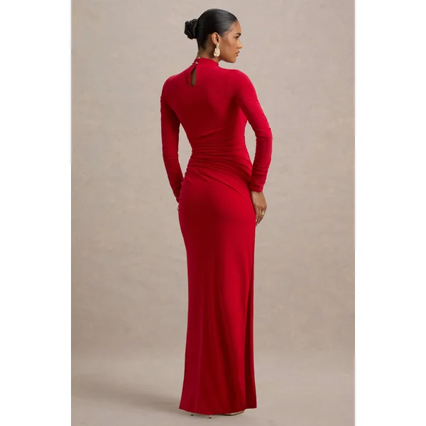 Alluring | Robe longue rouge à col montant avec détails froncés