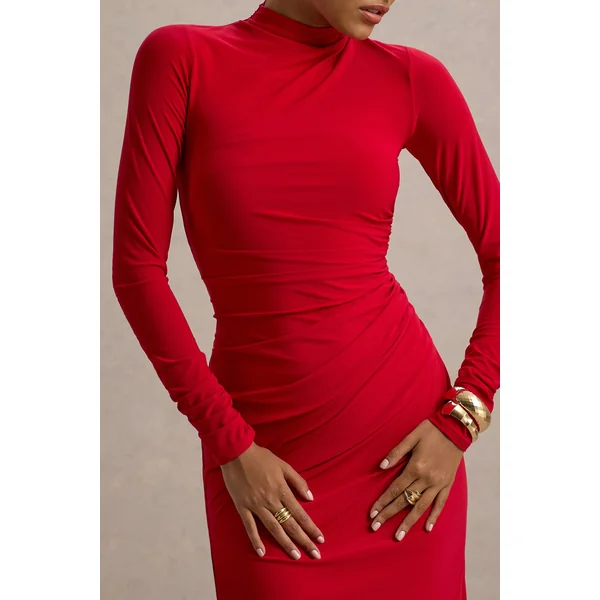 Alluring | Robe longue rouge à col montant avec détails froncés