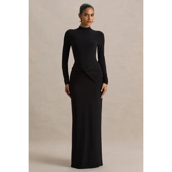 Alula | Robe longue noire à col montant avec détail torsadé
