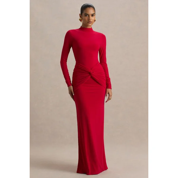 Alula | Robe longue rouge à col montant avec détail torsadé