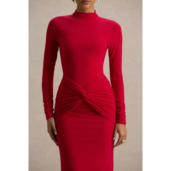 Alula | Robe longue rouge à col montant avec détail torsadé