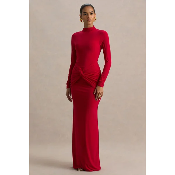 Alula | Robe longue rouge à col montant avec détail torsadé