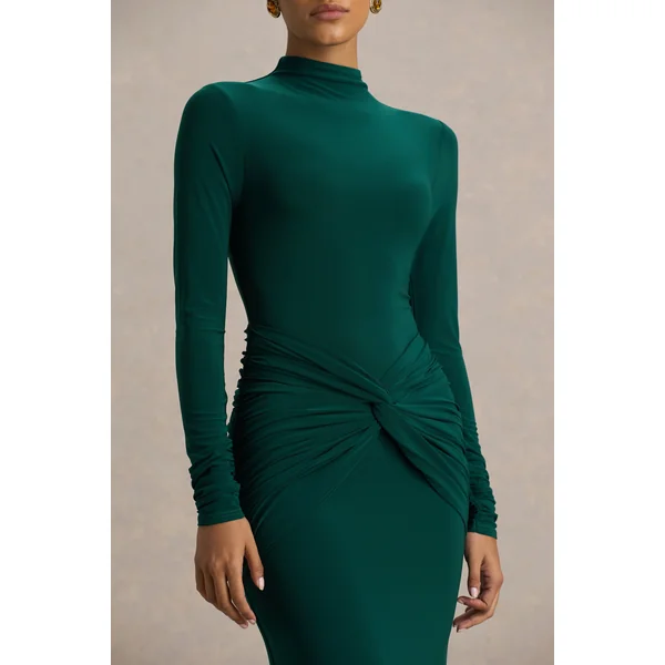 Alula | Robe longue verte à col montant avec détail torsadé