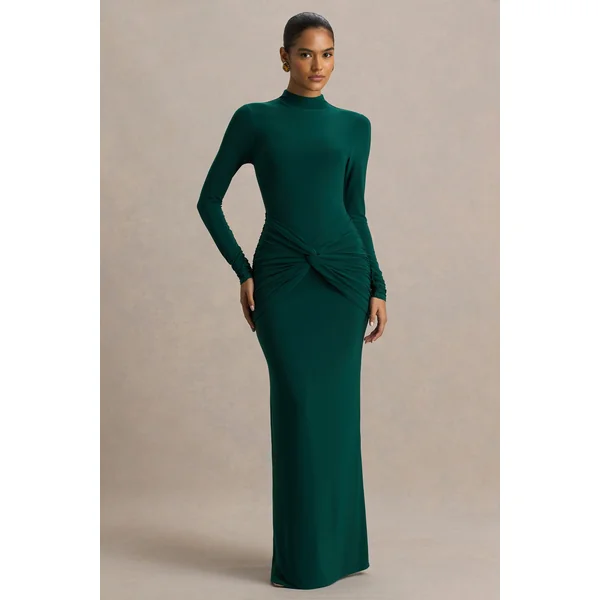 Alula | Robe longue verte à col montant avec détail torsadé