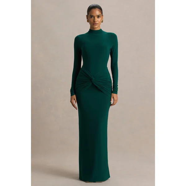 Alula | Robe longue verte à col montant avec détail torsadé
