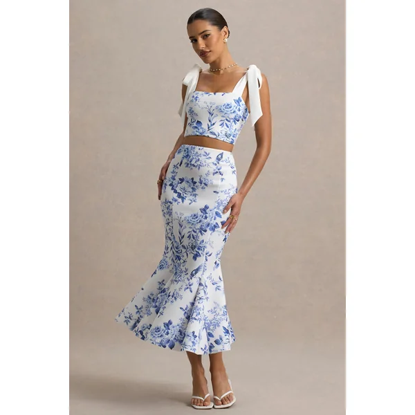 Amadea | Jupe mi-longue imprime porcelaine bleu coupe sirène