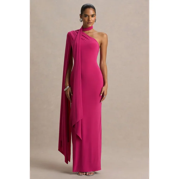 Amal | Robe longue rose vif à encolure asymétrique avec détail écharpe et manche cape
