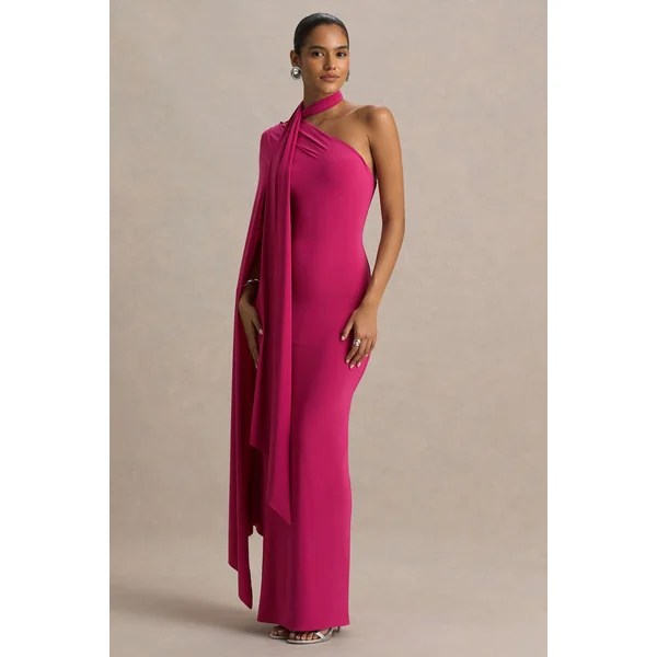 Amal | Robe longue rose vif à encolure asymétrique avec détail écharpe et manche cape