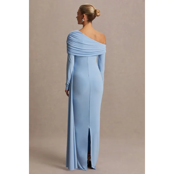 Amara | Robe Longue Bleu Poudré à Encolure Asymétrique avec Détail Drapé