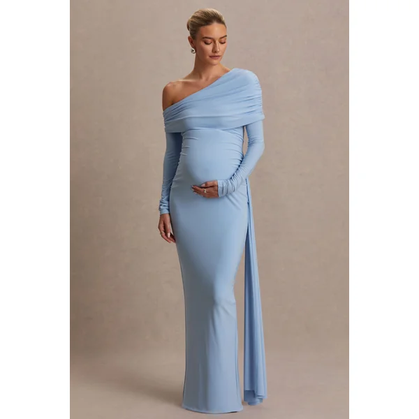 Amara | Robe Longue Bleu Poudré à Encolure Asymétrique avec Détail Drapé