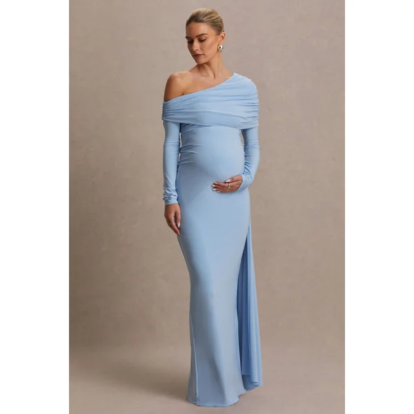 Amara | Robe Longue Bleu Poudré à Encolure Asymétrique avec Détail Drapé