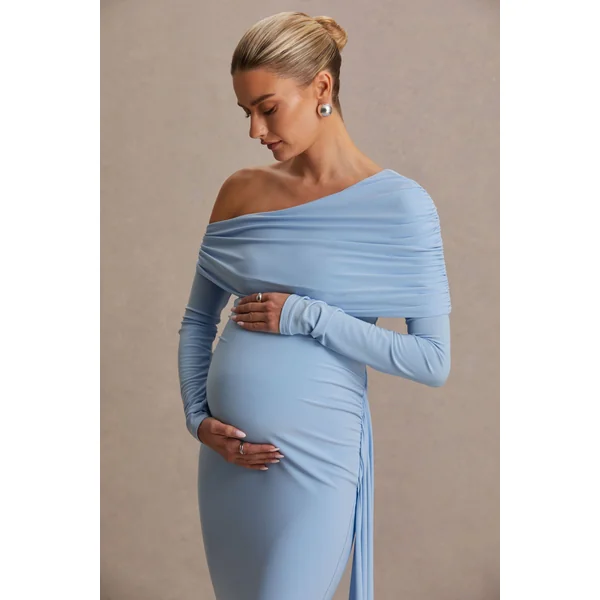 Amara | Robe Longue Bleu Poudré à Encolure Asymétrique avec Détail Drapé