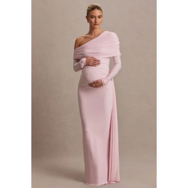 Amara | Robe longue de maternité rose poudré à encolure asymétrique avec détail de ceinture
