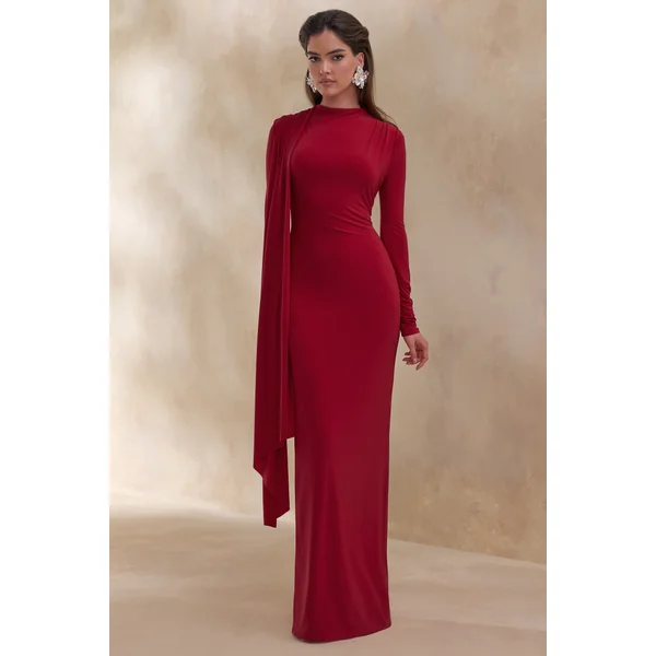 Amaria | Robe longue rouge à encolure haute et détail écharpe