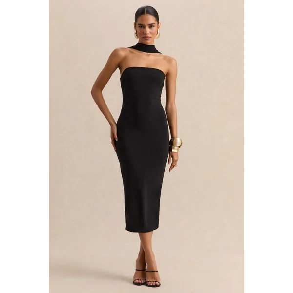 Amariah | Robe mi-longue bandeau noire avec détail écharpe