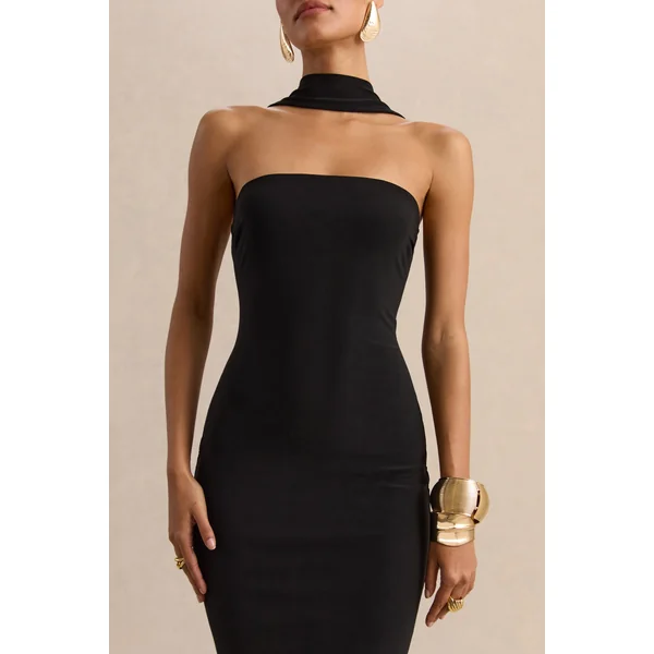 Amariah | Robe mi-longue bandeau noire avec détail écharpe