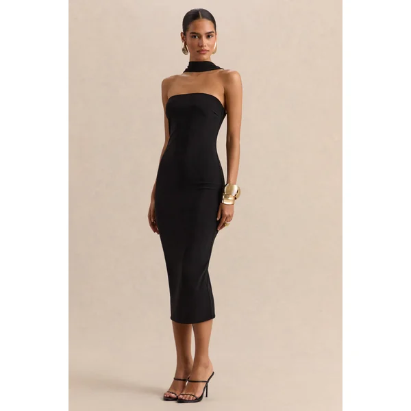 Amariah | Robe mi-longue bandeau noire avec détail écharpe
