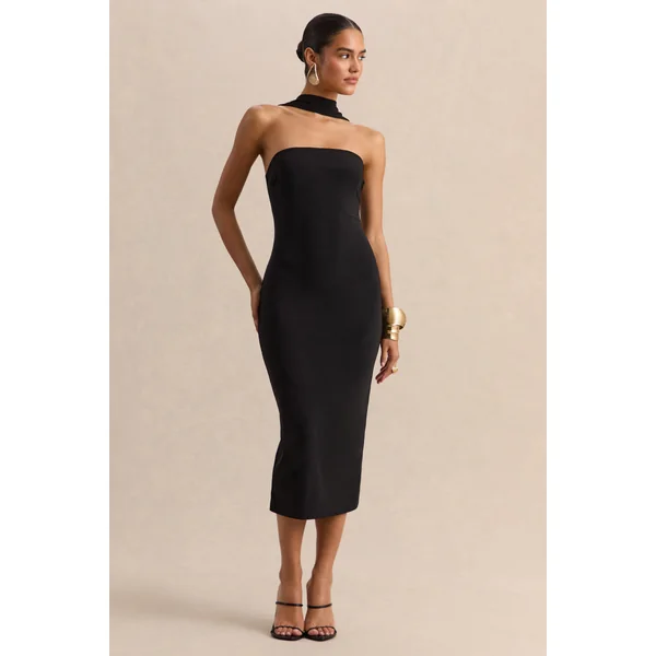 Amariah | Robe mi-longue bandeau noire avec détail écharpe