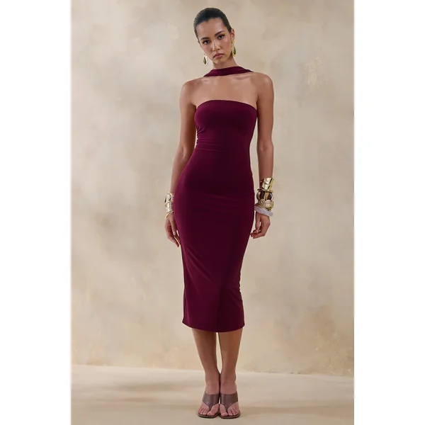Amariah | Robe mi-longue bordeaux bandeau avec détail foulard