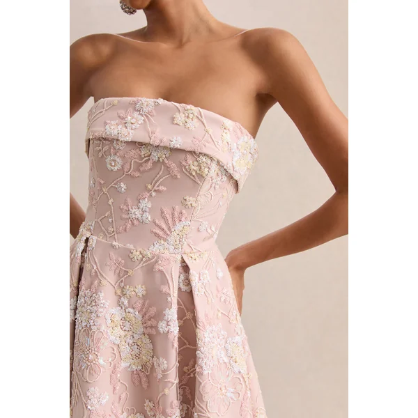 Amaris | Robe mi-longue bandeau rose à fleurs ornées avec jupe patineuse