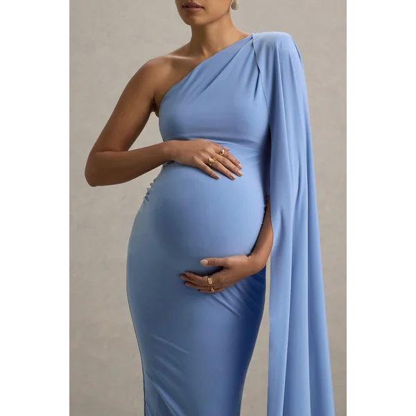 Amaryllis | Robe longue de maternité asymétrique à manches cape bleu poudré