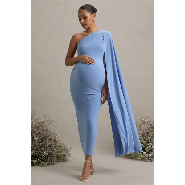 Amaryllis | Robe longue de maternité asymétrique à manches cape bleu poudré