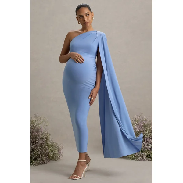 Amaryllis | Robe longue de maternité asymétrique à manches cape bleu poudré