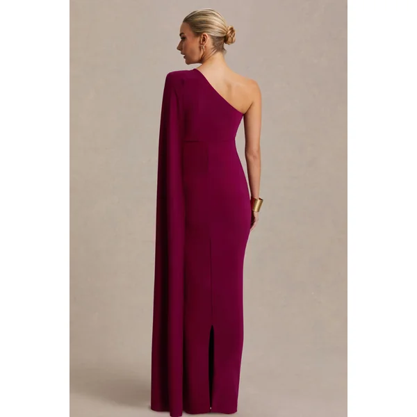 Amaryllis | Robe longue de maternité couleur baies asymétrique à une épaule avec manche cape