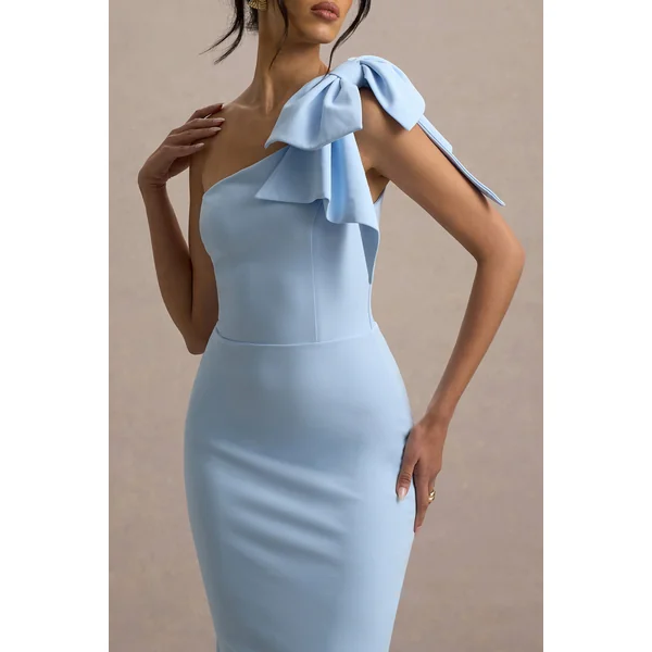 Ambretta | Robe mi-longue bleu poudré à une épaule avec nœud