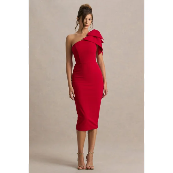 Ambretta | Robe mi-longue rouge asymétrique à une épaule avec nœud