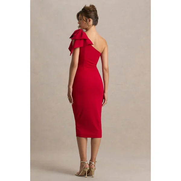 Ambretta | Robe mi-longue rouge asymétrique à une épaule avec nœud