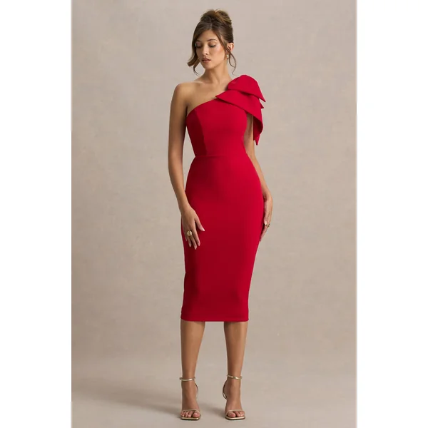 Ambretta | Robe mi-longue rouge asymétrique à une épaule avec nœud
