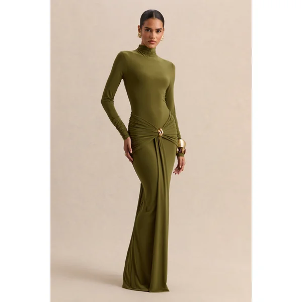Ambrette | Robe longue olive à encolure haute avec détails froncés