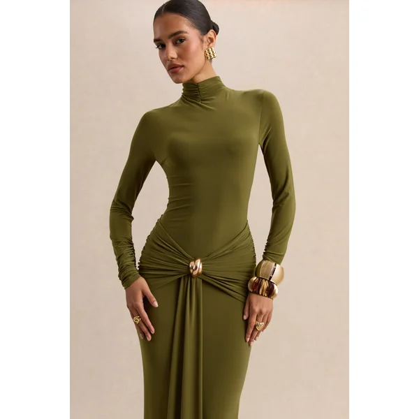 Ambrette | Robe longue olive à encolure haute avec détails froncés
