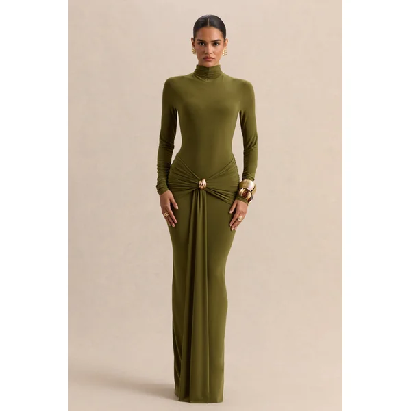 Ambrette | Robe longue olive à encolure haute avec détails froncés