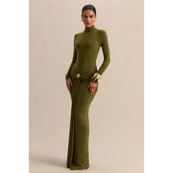 Ambrette | Robe longue olive à encolure haute avec détails froncés