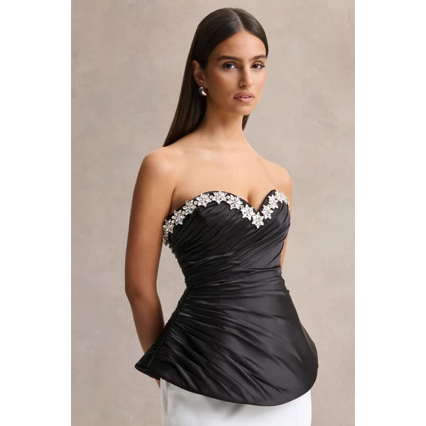 Ambria | Haut corset en satin noir avec décolleté cœur orné à la main